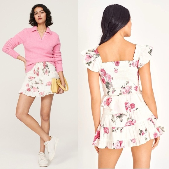 LOVESHACKFANCY Floral Swiss Dot Print Smocked High Waist Tiered Ruffle Skirt L - Picture 6 of 15